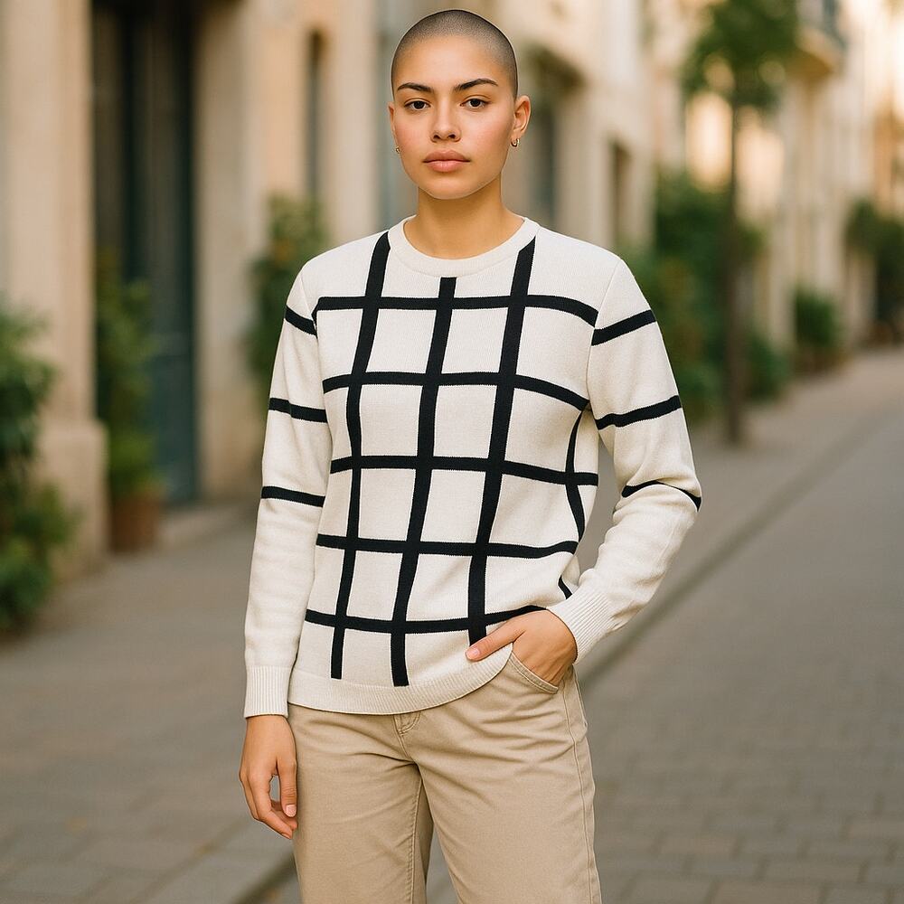 J. Crew Womens Sweater Sz XS Windowpane Shimmer‎ Cream Black Striped Wool NEW